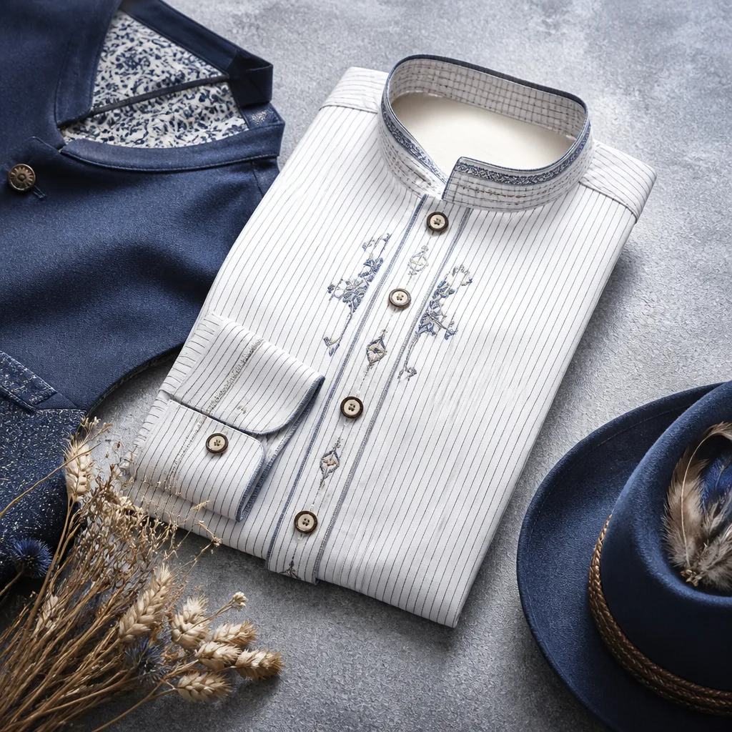 flat lay of a traditional Bavarian style shirt with embroidered details, festive styling