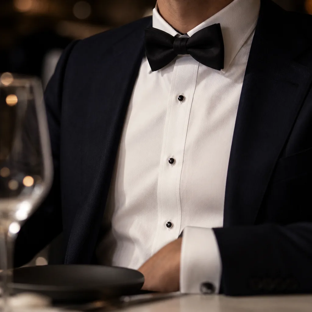 worn formal shirt with a bow tie, torso only, no face, dim restaurant lighting