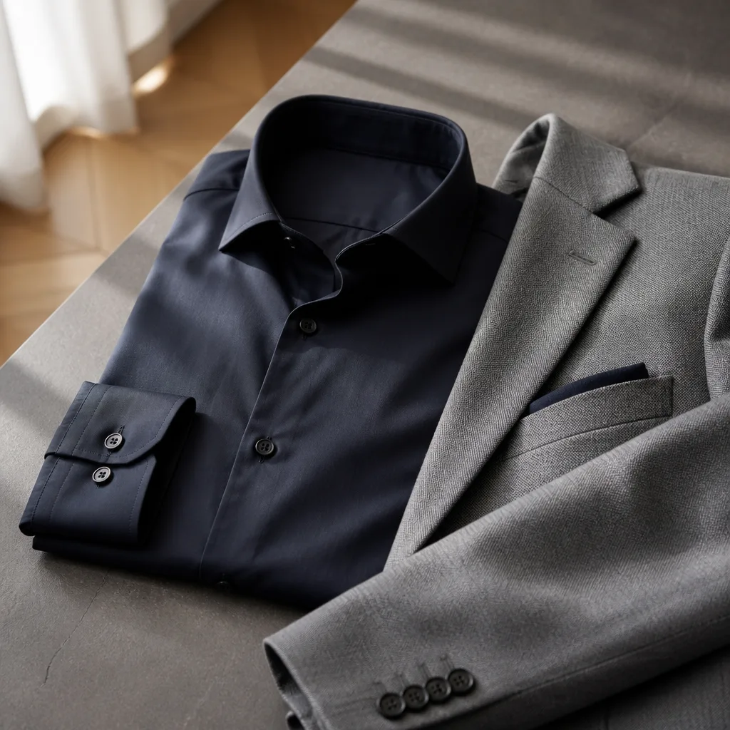 flat lay of a dark solid shirt next to a blazer, evening event styling without a tie