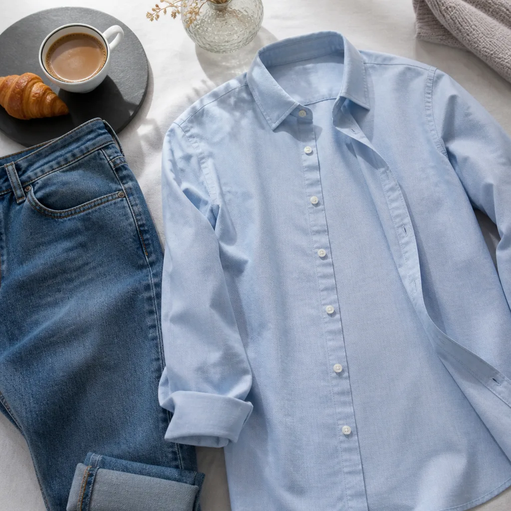 flat lay of a light casual shirt next to jeans on a bright weekend styled background