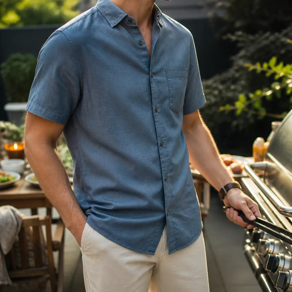 worn short sleeve shirt, torso visible, no face, outdoor backyard evening light