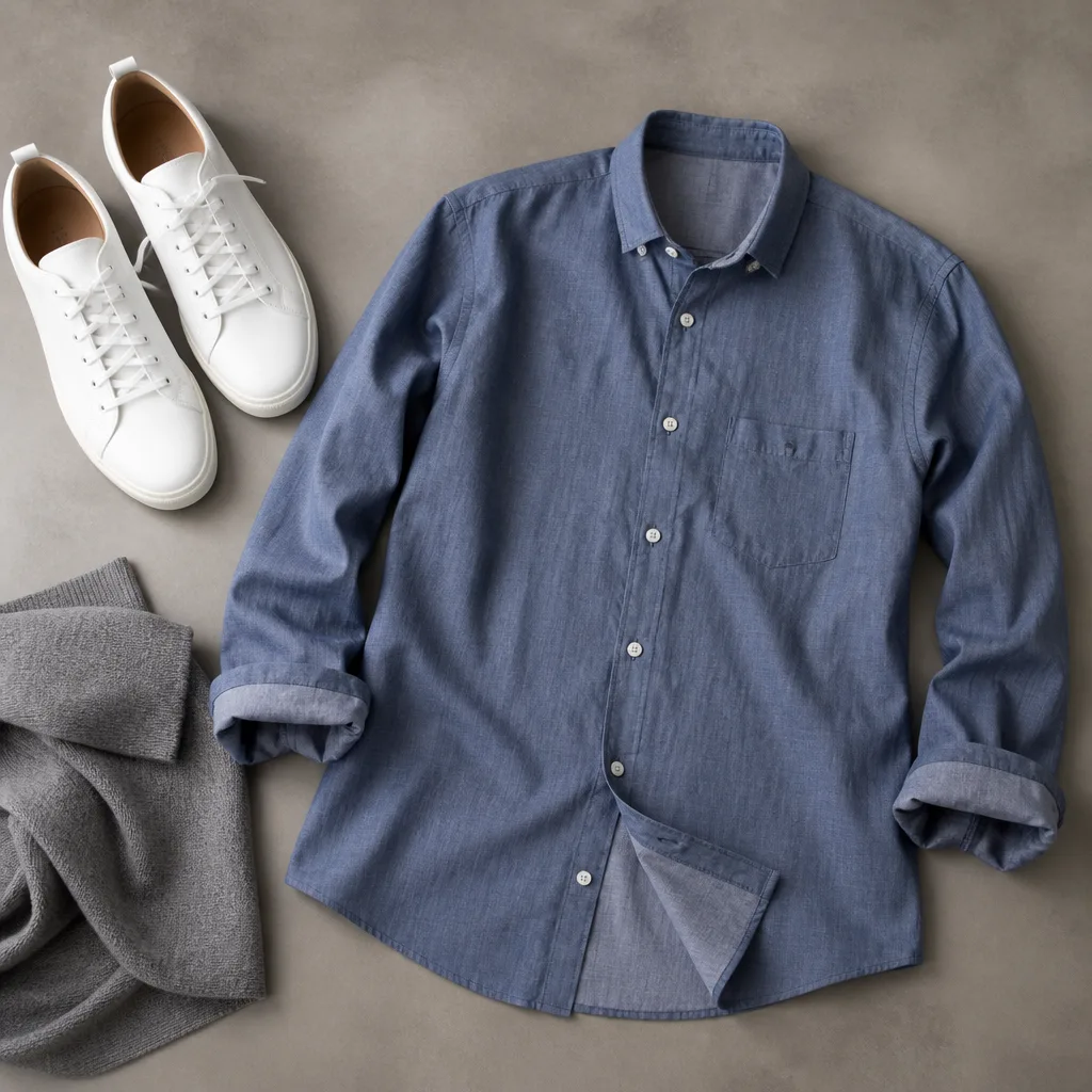 flat lay of a casual shirt next to white sneakers on a neutral background