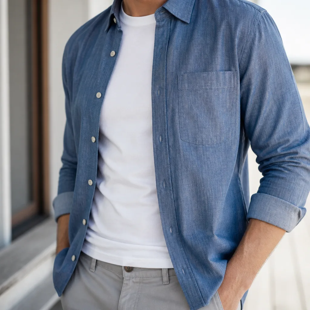 worn shirt layered open over a plain t-shirt, torso only, no face, outdoor weekend setting