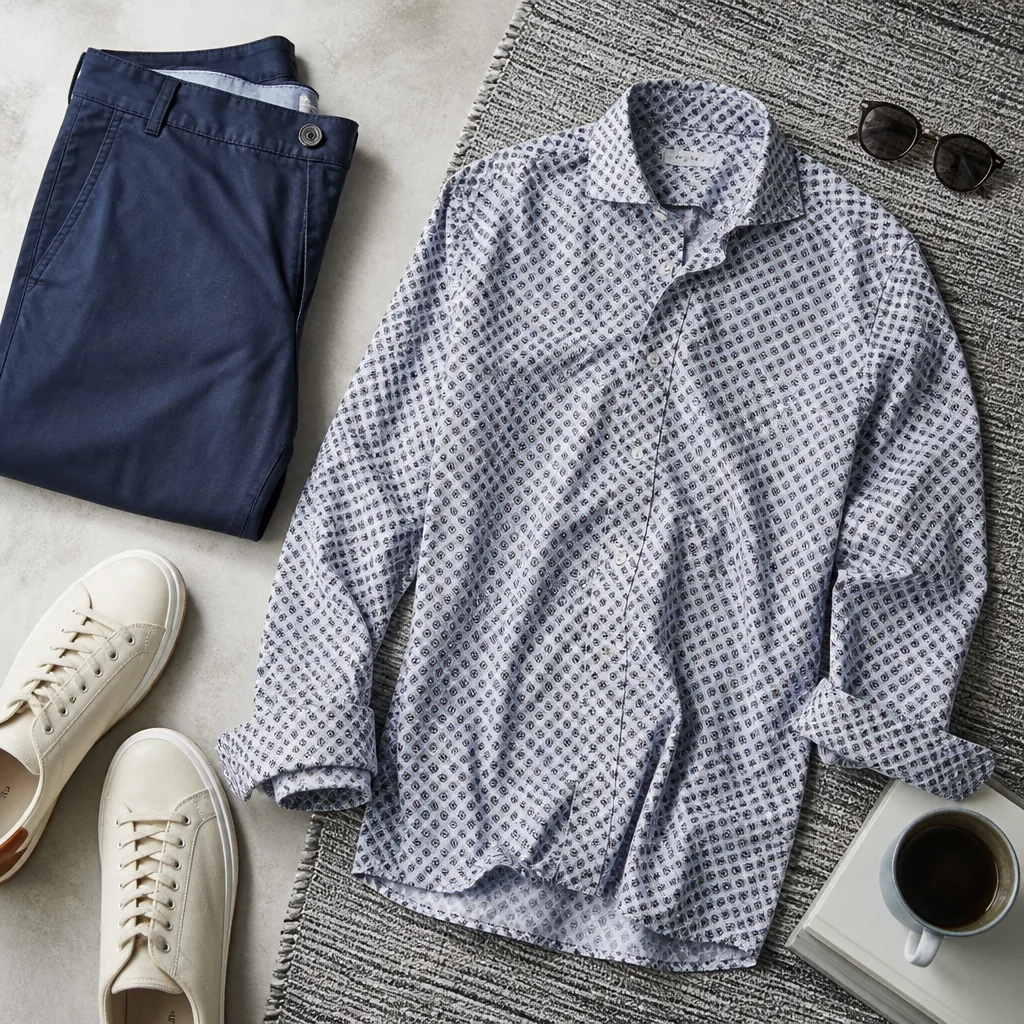 flat lay of a patterned casual shirt on a relaxed weekend styled background, no logos
