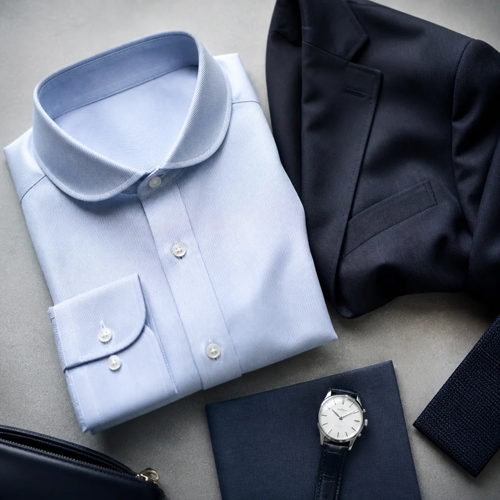 flat lay of a shirt with a club collar next to a navy blazer, studio background