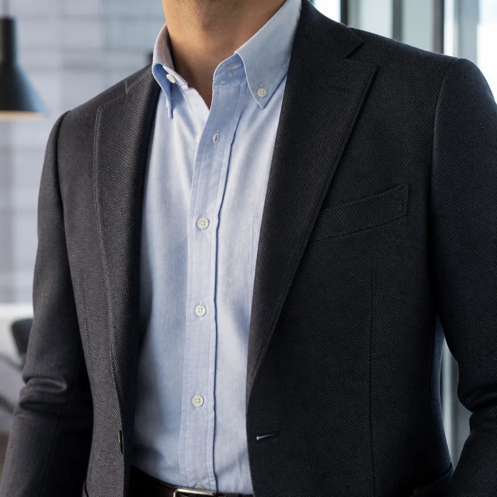 worn button-down shirt under an open blazer, torso only, no face, natural office light