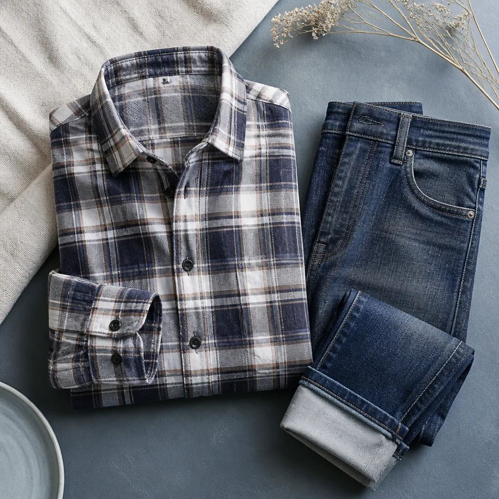 flat lay of a plaid flannel shirt folded next to blue denim jeans, casual styling