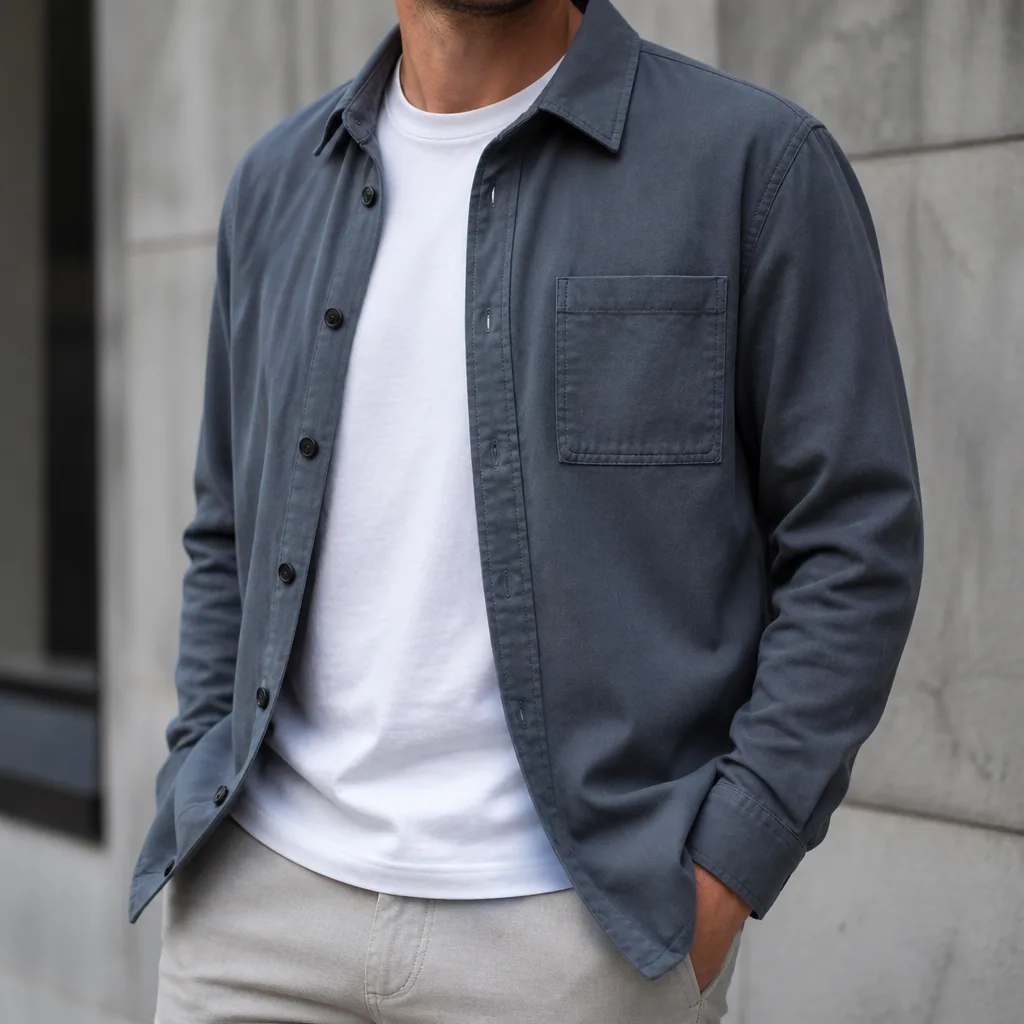 worn overshirt layered over a plain t-shirt, torso only, no face, urban casual background