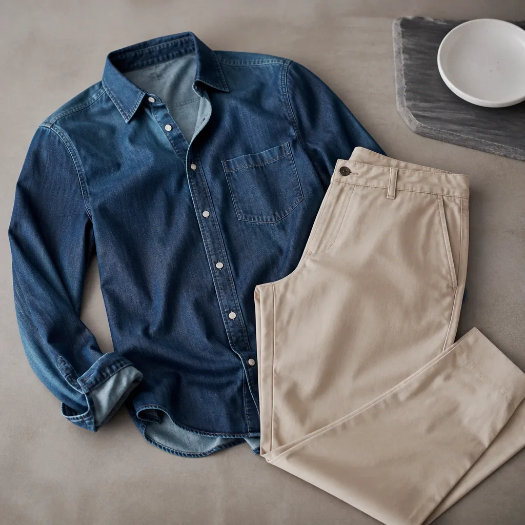 flat lay of a denim shirt paired with beige chino trousers on a neutral surface