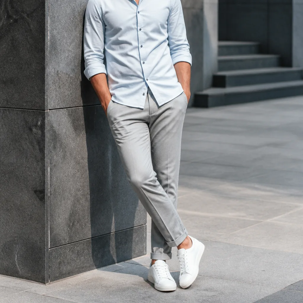 worn shirt with sleeves rolled up, torso and arms visible, no face, outdoor daylight