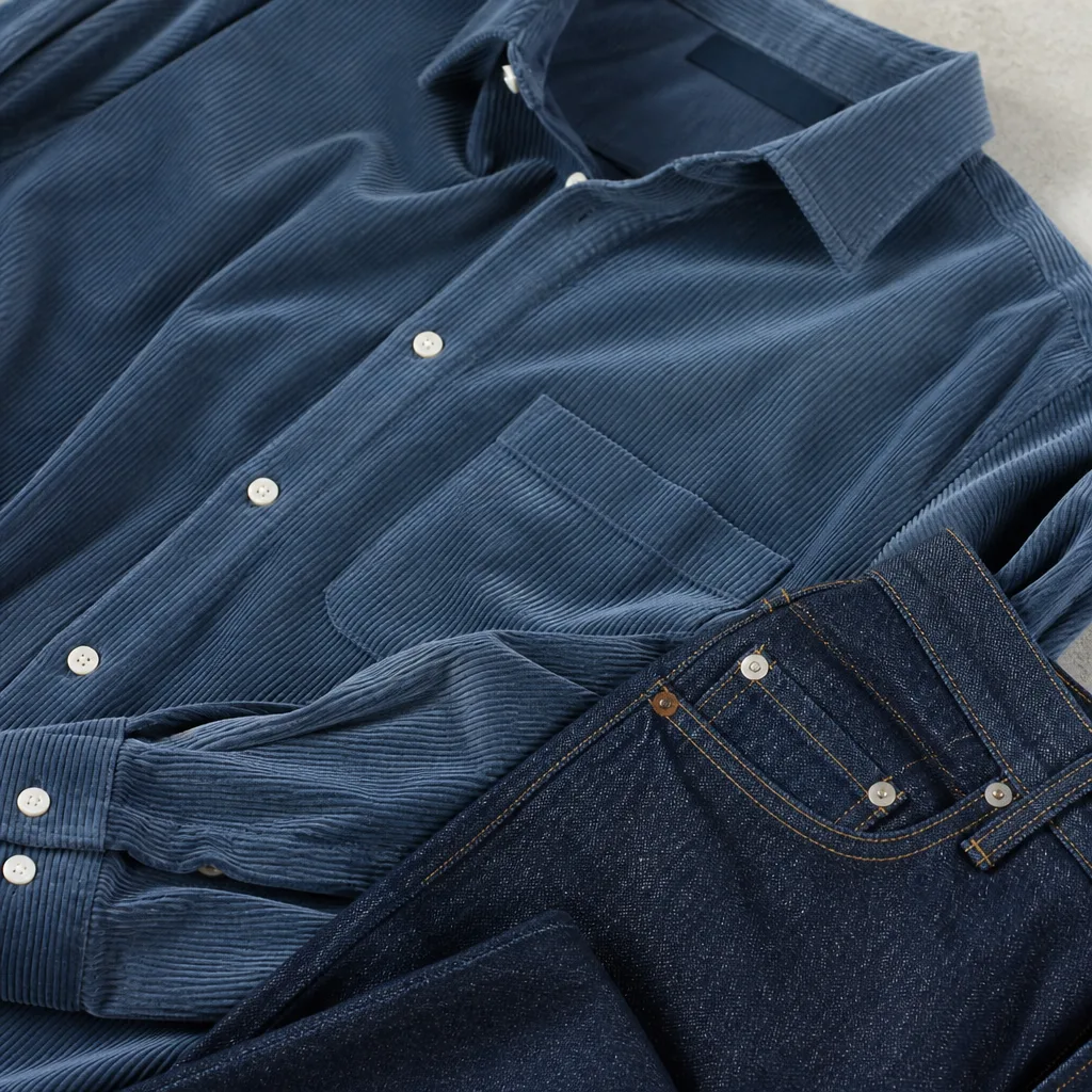 flat lay of a corduroy shirt with visible ribbed texture next to dark denim jeans