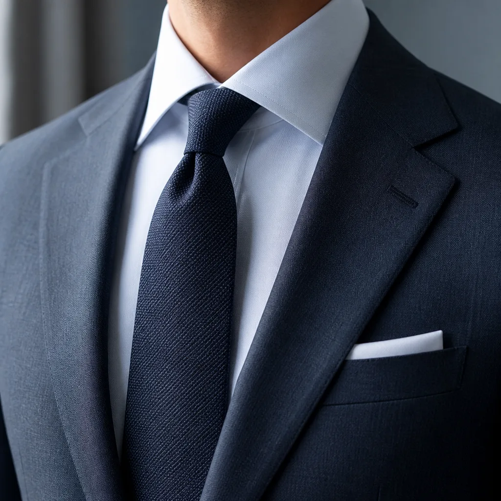 Business suit jacket with a dress shirt collar and tie knot, worn without a visible face