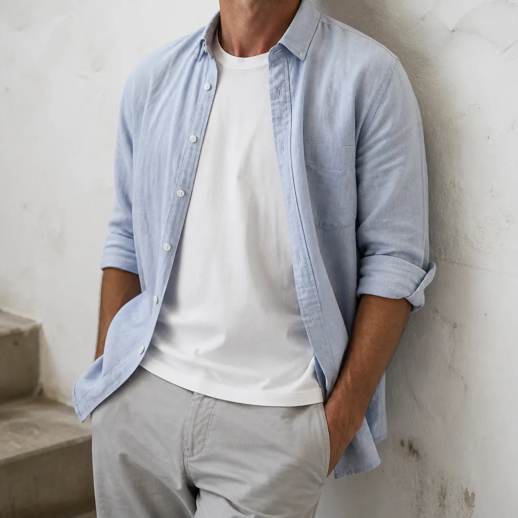Casual linen shirt worn open over a plain t-shirt, sleeves rolled up