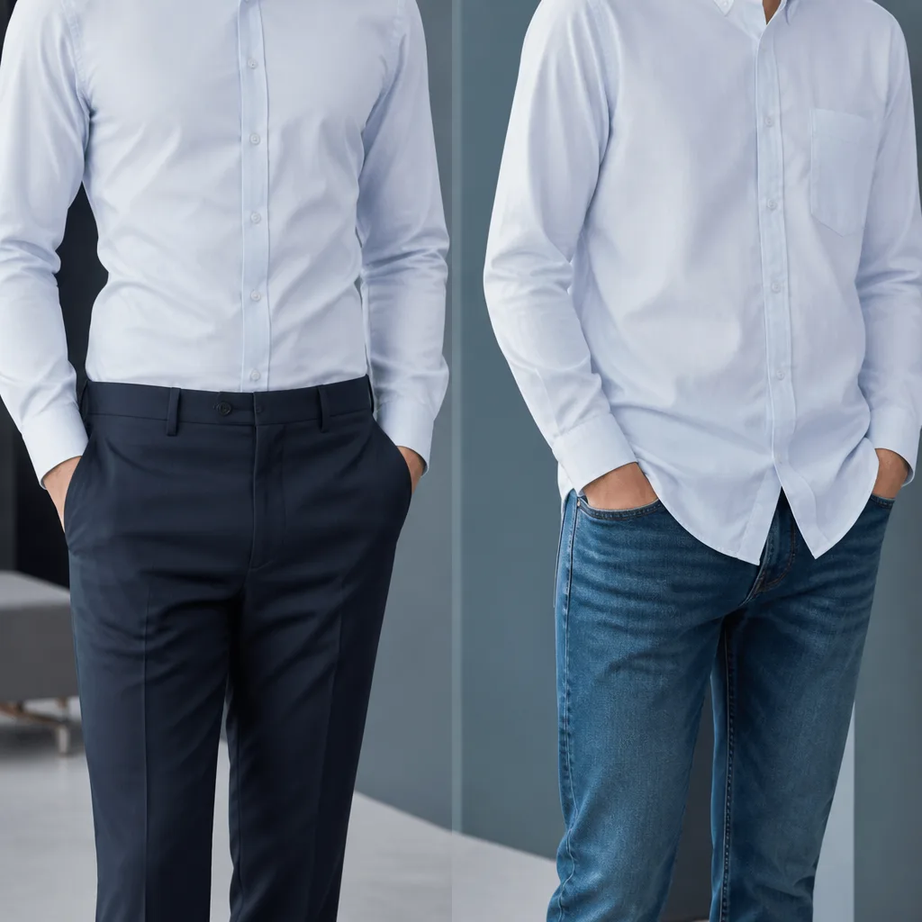 Comparison of a shirt worn tucked into trousers versus untucked over jeans, no visible face