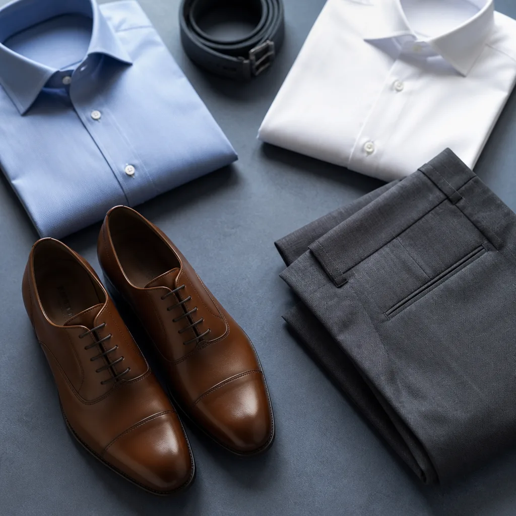 Pair of leather dress shoes next to folded trousers, styled flat lay