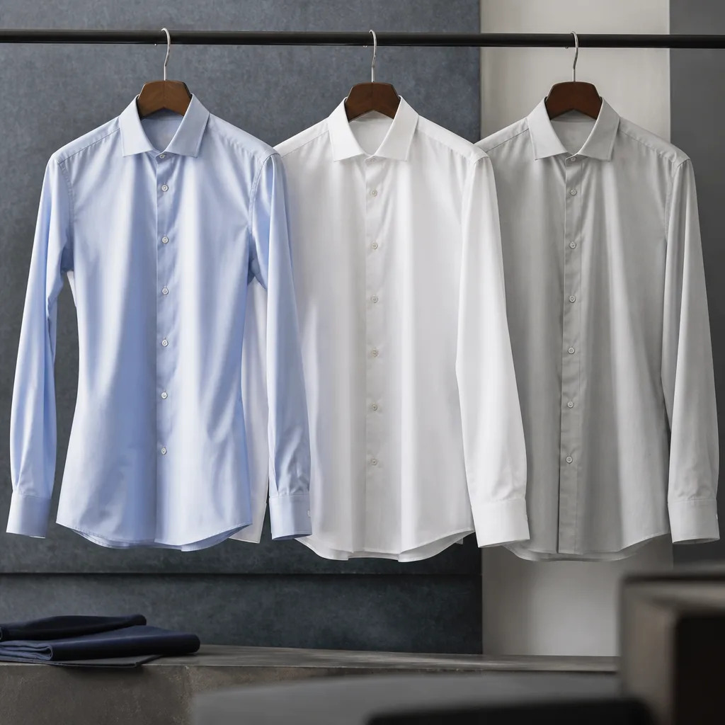 Three dress shirts on hangers showing different silhouettes from slim to relaxed fit