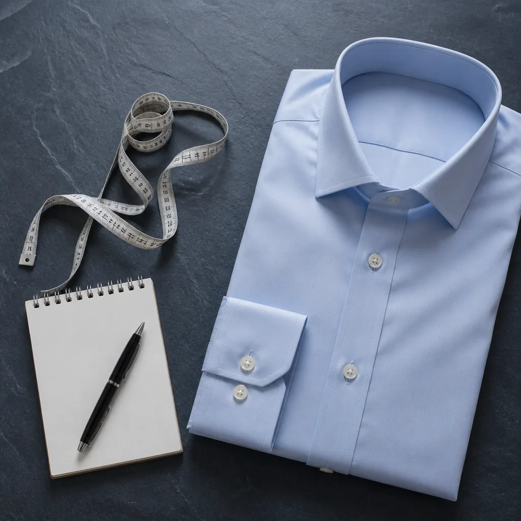 Flat lay of a dress shirt next to a tape measure and a small notepad with size notes