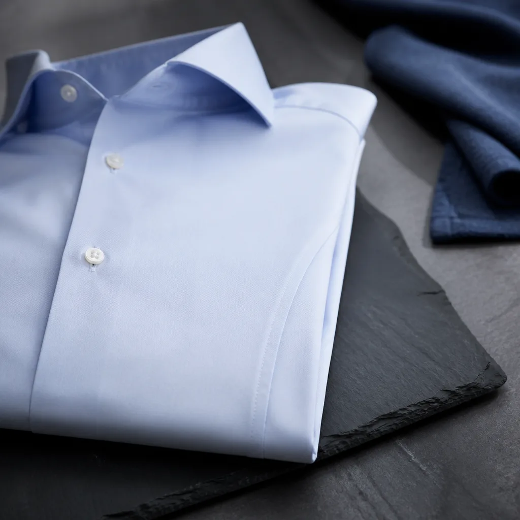 close-up of a slim fit dress shirt folded neatly, showing tailored side seam