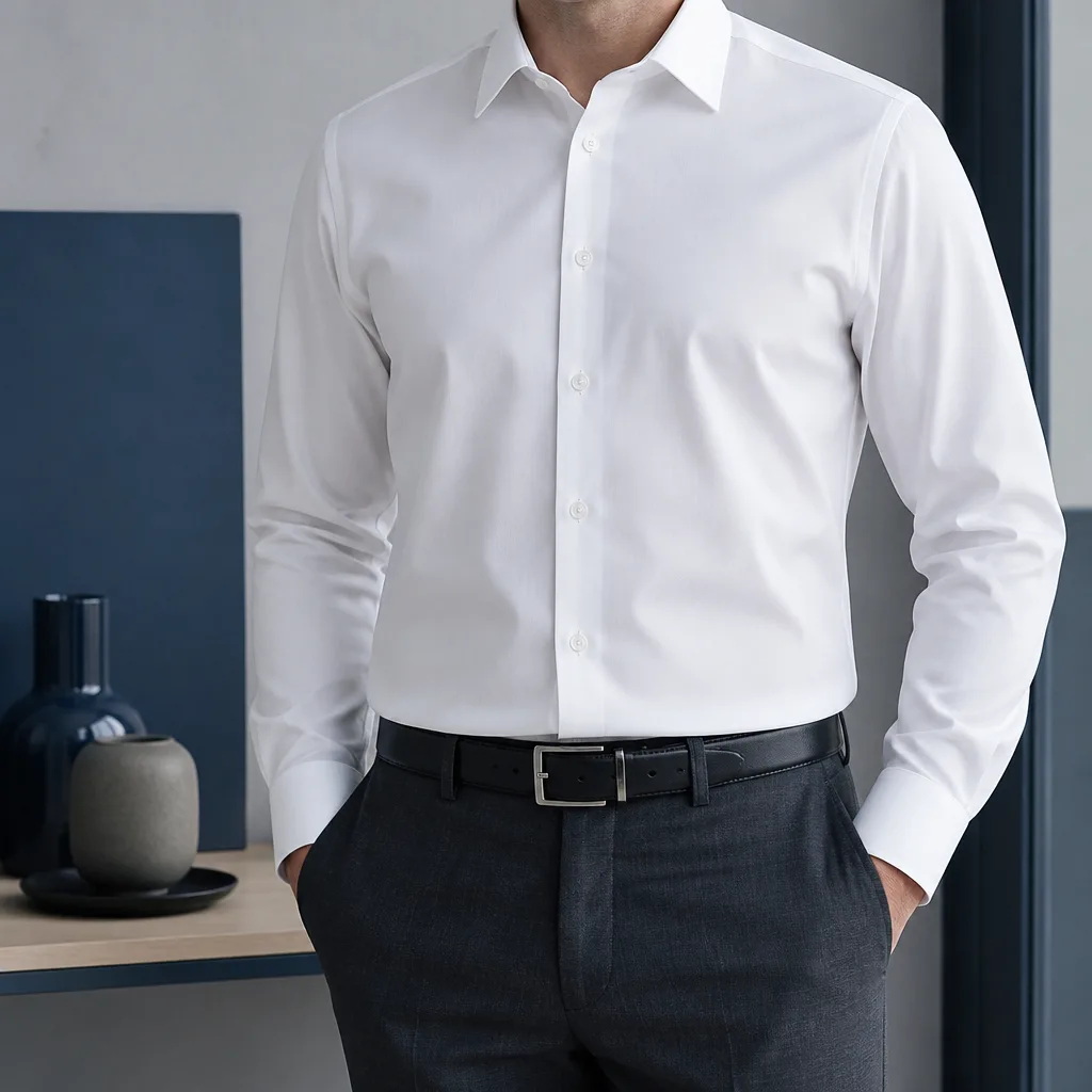 man wearing a regular fit dress shirt tucked into trousers, torso view without face
