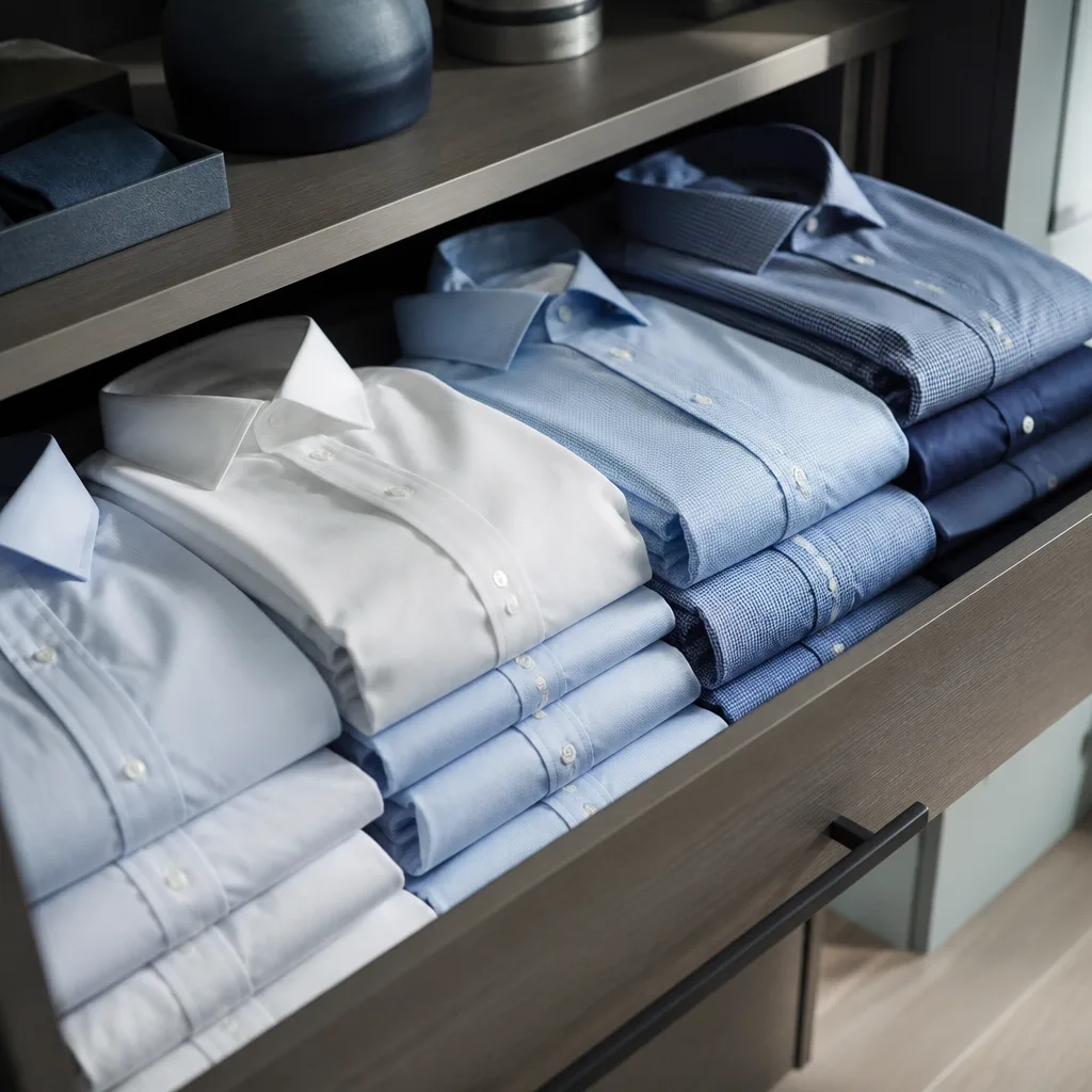 Folded dress shirts stacked in an open drawer, organized by color