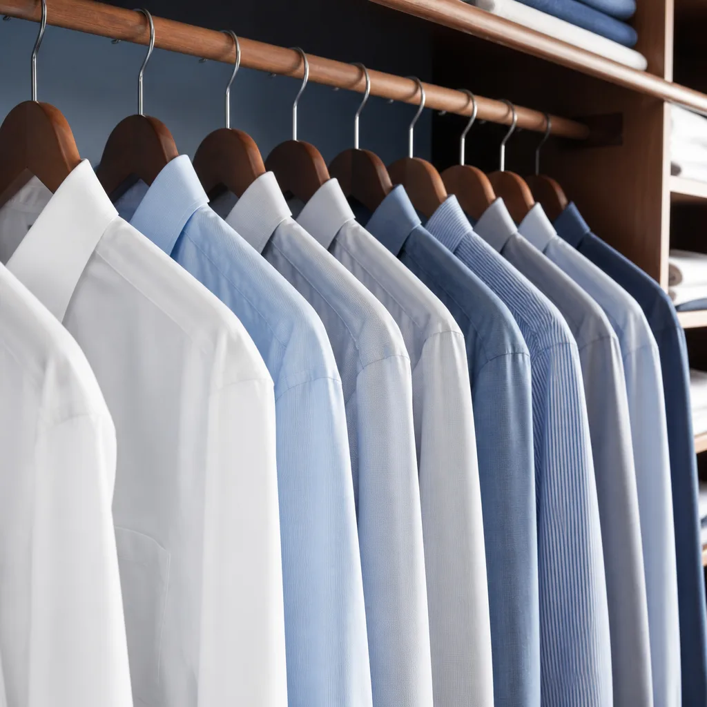 Row of dress shirts on wooden hangers in a closet, evenly spaced