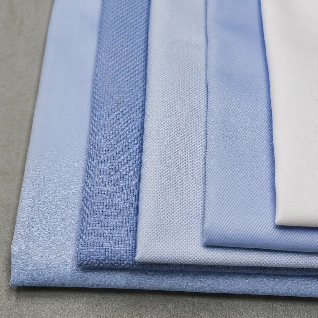 Several folded shirt fabric swatches in different weaves arranged side by side
