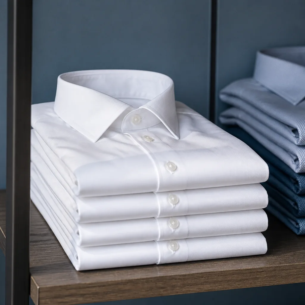 neatly folded white dress shirts stacked on a wooden shelf