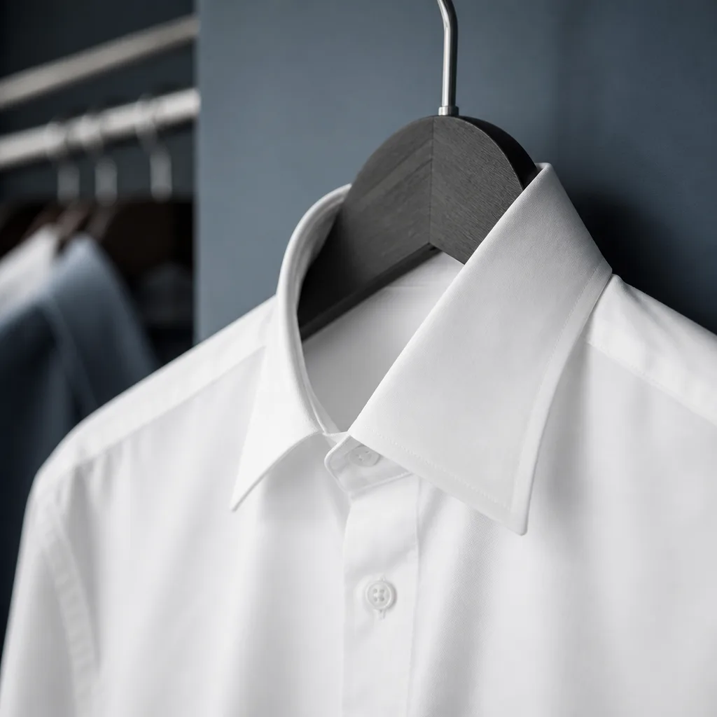 close-up of a white shirt collar on a hanger